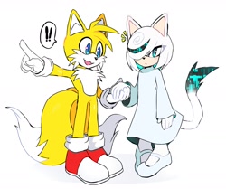 Size: 1839x1536 | Tagged: safe, artist:waykochu, miles "tails" prower, sage, cat, fox, sonic frontiers, 2026, :<, duo, exclamation mark, eye clipping through hair, frown, gloves, holding hands, mary-janes, mobianified, mouth open, open smile, pointing, shoes, simple background, smile, species swap, speech bubble, standing, white background