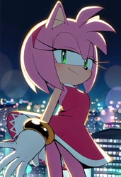 Size: 832x1216 | Tagged: safe, artist:jyoutube2025, amy rose, hedgehog, 2026, blushing, city, cityscape, female, lidded eyes, looking at viewer, nighttime, outdoors, smile, smiling at viewer, solo, standing