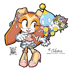 Size: 800x800 | Tagged: safe, artist:secretter_zgwl, cheese (chao), cream the rabbit, chao, rabbit, alternate outfit, bouquet, commission, dress, duo, eyes closed, female, flower, high heels, holding something, looking at them, mouth open, neutral chao, simple background, smile, standing, white background