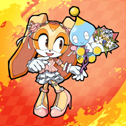 Size: 800x800 | Tagged: safe, artist:secretter_zgwl, cheese (chao), cream the rabbit, chao, rabbit, alternate outfit, alternate version, bouquet, commission, dress, duo, eyes closed, female, flower, high heels, holding something, looking at them, mouth open, neutral chao, smile, standing