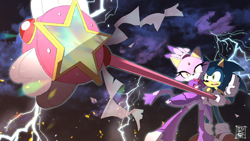 Size: 800x450 | Tagged: safe, artist:secretter_zgwl, sonic the hedgehog, cat, hedgehog, alternate version, commission, duo, electricity, female, holding something, magical girl, male, mouth open, signature, standing, star (symbol), wand