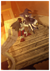 Size: 800x1131 | Tagged: safe, artist:secretter_zgwl, sonic the hedgehog, oc, oc:2017x, oc:sonic.exe, hedgehog, human, sonic heroes, alternate version, border, cape, commission, dress, duo, eyepatch, female, hat, holding hands, indoors, looking at them, male, mystic mansion, signature, smile, stairs, standing, top hat, walking, white border, witch hat