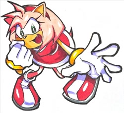 Size: 965x881 | Tagged: safe, artist:navy_2k, amy rose, hedgehog, 2026, clenched fist, female, mouth open, open smile, reaching out, simple background, smile, solo, sonic advance, white background