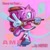 Size: 2048x2048 | Tagged: safe, artist:kopikup, amy rose, hedgehog, 2026, character name, echo background, english text, eyelashes, female, holding something, mouth open, open smile, piko piko hammer, signature, smile, solo, standing, standing on one leg, text, treads, v sign, weapon, wink