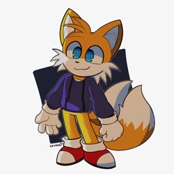 Size: 1200x1200 | Tagged: safe, artist:levidsum, miles "tails" prower, fox, 2026, bottomless, clothes, cute, looking offscreen, male, outline, signature, smile, solo, standing, sweater, tailabetes