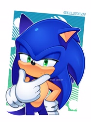 Size: 1536x2048 | Tagged: safe, artist:enn_luigi07, sonic the hedgehog, hedgehog, 2026, abstract background, eyelashes, frown, hand on hip, lidded eyes, looking at viewer, male, outline, signature, solo, standing, suspicious