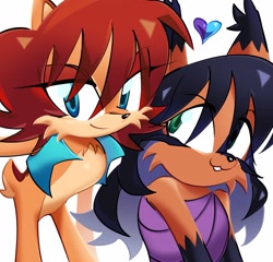 Size: 2048x1967 | Tagged: safe, artist:chickuito, nicole the hololynx, sally acorn, chipmunk, lynx, 2026, cute, duo, eye clipping through hair, eyebrow clipping through hair, heart, lesbian, looking at them, looking at viewer, nicabetes, nicole x sally, sallabetes, shipping, simple background, smile, white background
