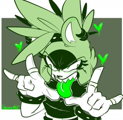 Size: 2048x2010 | Tagged: safe, artist:ezepalaciosss, surge the tenrec, tenrec, 2026, blushing, blushing ears, clothes, devil horns (gesture), dripping, ear fluff, ear piercing, earring, eye clipping through hair, eyelashes, green, heart, limited palette, looking offscreen, messy hair, monochrome, mouth open, piercing, ring (jewelry), sharp teeth, signature, solo, tongue out
