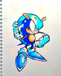 Size: 1635x2048 | Tagged: safe, artist:unmortalman, mighty the armadillo, armadillo, 2026, blue shoes, clenched fist, clenched teeth, frown, hyper form, hyper mighty, looking offscreen, male, solo, standing, traditional media