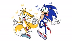 Size: 2048x1151 | Tagged: safe, artist:mercadex_8, miles "tails" prower, sonic the hedgehog, fox, hedgehog, 2026, derp, dialogue, duo, english text, faic, flat colors, floppy ears, holding hands, laughing, male, simple background, text, tongue out, treads, walking, white background