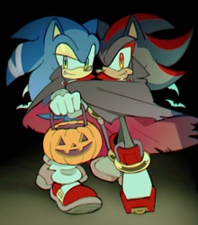 Size: 805x916 | Tagged: safe, artist:feng_ft, shadow the hedgehog, sonic the hedgehog, bat, hedgehog, 2026, basket, cape, clothes, duo, halloween, halloween outfit, holding something, looking at viewer, male, one fang, smiling at viewer, standing, vampire