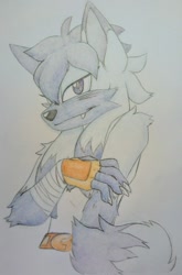 Size: 1422x2160 | Tagged: safe, artist:yu-melon, oc, oc:calico the wolf, wolf, 2024, alternate universe, fankid, hand on arm, looking at viewer, magical lesbian spawn, nonbinary, oc only, one fang, parent:tangle, parent:whisper, parents:whispangle, pencilwork, solo, traditional media