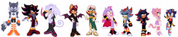 Size: 2048x429 | Tagged: safe, artist:emthimofnight, oc, oc:andromeda the hedgehog, oc:calico the wolf, oc:camellia the cat, oc:jasper the bat, oc:mirage the chameleon, oc:polarity the hedgehog, oc:stellar the hedgehog, oc:thistle the hedgehog, oc:void the hedgehog, bat, cat, echidna, hedgehog, wolf, 2024, alternate universe, ask response, blade, chameleon, fankid, female, group, height chart, magical gay spawn, magical lesbian spawn, male, nonbinary, parent:amy, parent:blaze, parent:espio, parent:rouge, parent:shadow, parent:silver, parent:sonic, parent:tangle, parent:whisper, parents:blazamy, parents:knuxouge, parents:silvio, parents:sonadow, parents:whispangle, simple background, standing, tumblr, weapon, white background