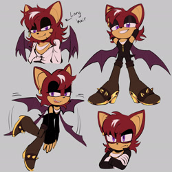 Size: 2048x2048 | Tagged: safe, artist:emthimofnight, oc, oc:jasper the bat, bat, 2025, alternate universe, arms folded, arrow, clothes, english text, fankid, flapping wings, flying, frown, grey background, looking at viewer, looking offscreen, male, mid-air, oc only, parent:knuckles, parent:rouge, parents:knuxouge, simple background, smile, solo, text, wings
