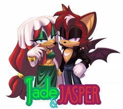 Size: 2048x1817 | Tagged: safe, artist:emthimofnight, oc, oc:jade the echidna, oc:jasper the bat, bat, echidna, 2025, brother and sister, character name, clothes, duo, english text, fankid, female, hand on hip, lidded eyes, looking at viewer, male, parent:knuckles, parent:rouge, parents:knuxouge, siblings, simple background, smile, smiling at viewer, text, white background
