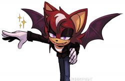 Size: 1975x1290 | Tagged: safe, artist:emthimofnight, oc, oc:jasper the bat, bat, 2025, alternate universe, bowing, clothes, fangs, fankid, looking at viewer, male, oc only, parent:knuckles, parent:rouge, parents:knuxouge, simple background, smile, solo, sparkles, white background