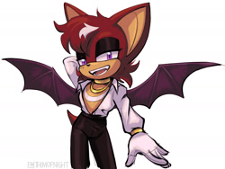 Size: 1892x1426 | Tagged: safe, artist:emthimofnight, oc, oc:jasper the bat, bat, 2025, alternate universe, clothes, fangs, fankid, hand behind head, lidded eyes, looking at viewer, male, oc only, parent:knuckles, parent:rouge, parents:knuxouge, simple background, smile, solo, white background