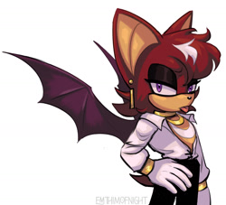 Size: 1512x1374 | Tagged: safe, artist:emthimofnight, oc, oc:jasper the bat, bat, 2025, alternate universe, clothes, fankid, hand on hip, lidded eyes, looking at viewer, male, oc only, parent:knuckles, parent:rouge, parents:knuxouge, simple background, solo, tongue out, white background