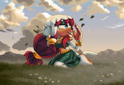 Size: 2000x1378 | Tagged: safe, artist:emthimofnight, oc, oc:jade the echidna, echidna, 2024, alternate universe, clothes, clouds, daytime, fankid, female, flower, grass, kneeling, leaf, lidded eyes, looking offscreen, midriff, outdoors, parent:knuckles, parent:rouge, parents:knuxouge, smile, solo, wind