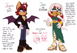Size: 2048x1400 | Tagged: safe, artist:emthimofnight, knuckles the echidna, rouge the bat, oc, oc:jade the echidna, oc:jasper the bat, bat, echidna, 2024, alternate universe, bisexual, brother and sister, character name, clothes, duo focus, english text, fankid, flat colors, frown, group, lidded eyes, looking at viewer, midriff, parent:knuckles, parent:rouge, parents:knuxouge, reference sheet, siblings, simple background, smile, standing, text, white background
