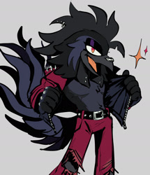 Size: 2048x2380 | Tagged: safe, artist:emthimofnight, oc, oc:rocket the rooster, 2024, adopted fankid, beak piercing, belt, chest fluff, chicken, clothes, crest piercing, fankid, jacket, jeans, lidded eyes, looking at viewer, male, mouth open, oc only, open jacket, pants, parent:jet, piercing, rooster, scar, smile, solo, sparkles, standing, stomach fluff, top surgery scars, trans male, transgender
