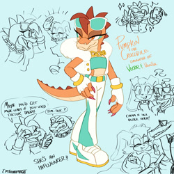 Size: 2000x2000 | Tagged: safe, artist:emthimofnight, cream the rabbit, vanilla the rabbit, vector the crocodile, oc, oc:pumpkin the crocodile, crocodile, rabbit, 2024, alternate universe, baby, bed, belt, blue background, claws, clothes, dialogue, english text, eyewear on head, family, fangs, fankid, father and child, father and daughter, group, hand on hip, happy, holding something, hospital bed, jacket, looking offscreen, midriff, mother and child, mother and daughter, pansexual, pants, parent and child, parent:vanilla, parent:vector, parents:vectilla, phone, selfie, shipping, siblings, signature, simple background, sisters, smile, solo focus, sparkles, speech bubble, standing, straight, sunglasses, talking, text, v sign, vector x vanilla