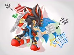 Size: 10000x7500 | Tagged: safe, artist:glad_engineer_1795, shadow the hedgehog, sonic the hedgehog, hedgehog, absurd res, arrow, blue gumball son of a bitch, chaos emerald, duo, english text, frown, gay, holding them, hot topic, hot topic wannabe, male, meme, redraw, shadow x sonic, shipping, smile, star (symbol), text, treads