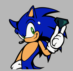 Size: 625x608 | Tagged: safe, artist:triki-troy, sonic the hedgehog, hedgehog, 2026, chaos emerald, grey background, holding something, looking at viewer, male, nike mouth, simple background, smile, smiling at viewer, solo, standing