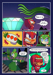 Size: 2480x3508 | Tagged: safe, artist:kitare, cosmo the seedrian, knuckles the echidna, echidna, seedrian, comic:sonic world travel, alien, angel island, headband, master emerald, red power pattern, stretching