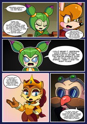 Size: 2480x3508 | Tagged: safe, artist:kitare, cosmo the seedrian, lady alicia acorn, robotnik, oc, oc:mayor roo, chipmunk, human, seedrian, comic:sonic world travel, alien, courtroom, crown, kangaroo