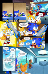 Size: 1626x2480 | Tagged: safe, artist:drawloverlala, longclaw, miles "tails" prower, sonic the hedgehog, fox, hedgehog, hybrid, owl, comic:sonic world travel, blue power pattern, extreme gear, gray power pattern, kitsune, racetrack, screwdriver, tornado i, yellow power pattern