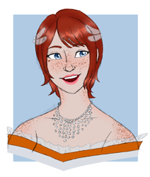 Size: 1248x1470 | Tagged: safe, artist:zone-vibes, princess elise, human, 2023, dress, eyebrow clipping through hair, feather, female, freckles, hair clip, mouth open, necklace, open smile, smile, solo