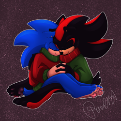 Size: 2000x2000 | Tagged: safe, artist:c137ramc137, shadow the hedgehog, sonic the hedgehog, hedgehog, 2021, barefoot, christmas, christmas sweater, clothes, cute, duo, eyes closed, gay, holding hands, male, outline, pawpads, paws, shadow x sonic, shadowbetes, shipping, signature, sitting, smile, sonabetes, sweater