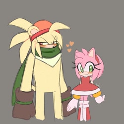 Size: 2000x2000 | Tagged: safe, artist:sonikku1999, amy rose, bark the polar bear, bear, hedgehog, polar bear, 2024, age difference, amy x bark, beanie, blushing, crack shipping, duo, embarrassed, eye clipping through hair, female, flat colors, grey background, hat, heart, holding hands, lidded eyes, looking at viewer, looking away, looking offscreen, male, scarf, shipping, signature, simple background, smile, standing, straight