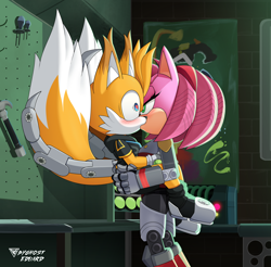 Size: 1936x1903 | Tagged: safe, artist:byghosteduard, amy rose, miles "tails" prower, nine, rusty rose, fox, hedgehog, sonic prime, 2025, absurd res, amy x tails, blushing, carrying them, cyborg, duo, female, hammer, heart, heart eyes, holding each other, indoors, kiss, kiss on lips, lidded eyes, male, nine x rusty rose, robot, rusty rose x tails, shipping, signature, straight, surprise kiss, surprised