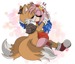 Size: 4957x4228 | Tagged: safe, artist:amyrose_116, amy rose, miles "tails" prower, fox, hedgehog, the murder of sonic the hedgehog, 2024, aged up, amy x tails, belt, blushing, boots, chest fluff, clothes, dress, duo, eyes closed, female, gloves, hat, headband, heels, holding each other, kiss, kiss on lips, kneeling, male, poncho, scarf, semi-transparent background, shipping, shoes, signature, straight