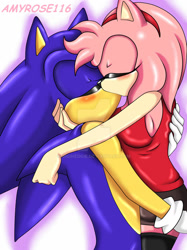 Size: 1024x1366 | Tagged: safe, artist:amyrose_116, amy rose, sonic the hedgehog, hedgehog, 2015, amy x sonic, blushing, clothes, deviantart watermark, duo, eyes closed, female, gloves, holding each other, hugging, kiss, kiss on lips, male, obtrusive watermark, outline, shipping, shirt, shorts, side view, signature, simple background, socks, standing, stockings, straight, watermark, white background