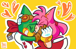 Size: 1280x824 | Tagged: safe, artist:tomaturtles, amy rose, speedy, bird, hedgehog, 2018, amy x speedy, amybetes, bandana, blushing, bodysuit, clothes, crack shipping, cute, dress, duo, ear fluff, eyes closed, female, goggles, hand on head, heart, holding each other, holding hands, kiss, kiss on head, kukku, male, outline, shipping, side view, signature, simple background, smile, speedybetes, straight, yellow background