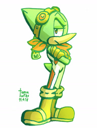Size: 1280x1674 | Tagged: safe, artist:tomaturtles, speedy, 2018, arms folded, bandana, bodysuit, boots, clothes, frown, goggles, kukku, lidded eyes, looking at viewer, male, side view, signature, simple background, solo, standing, white background