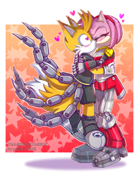 Size: 2280x2900 | Tagged: safe, artist:lupita13, amy rose, miles "tails" prower, nine, rusty rose, fox, hedgehog, sonic prime, 2026, absurd res, amy x tails, blushing, cyborg, duo, eyes closed, female, heart, heart eyes, height difference, kiss, kiss on lips, male, nine x rusty rose, outline, robot, rusty rose x tails, shipping, side view, signature, standing, star (symbol), straight