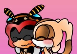 Size: 491x344 | Tagged: safe, artist:hrr_arts, charmy bee, cream the rabbit, bee, rabbit, 2021, blushing, chaream, charmabetes, creamabetes, cute, duo, eyes closed, female, kiss, kiss on cheek, male, pink background, shipping, simple background, smile, straight