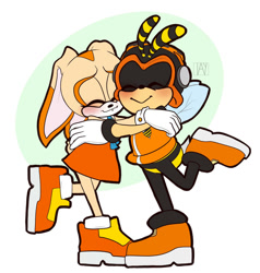 Size: 1024x1075 | Tagged: safe, artist:flutiepatutie, charmy bee, cream the rabbit, bee, rabbit, 2021, blushing, chaream, charmabetes, creamabetes, cute, duo, eyes closed, female, hugging, male, shipping, smile, standing, standing on one leg, straight