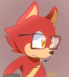 Size: 1377x1536 | Tagged: safe, artist:roomaru, gadget the wolf, wolf, 2017, belt, brown background, chest fluff, ear fluff, glasses, headset, male, microphone, one fang, signature, simple background, smile, solo