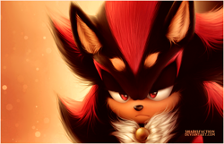 Size: 1420x915 | Tagged: safe, artist:shadisfaction, shadow the hedgehog, hedgehog, 2017, :<, absurd res, beanbrows, bell, bell collar, border, chest fluff, collar, cute, ear fluff, fluffy, frown, gradient background, lidded eyes, lineless, looking offscreen, male, shadowbetes, signature, solo, watermark