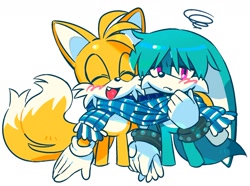 Size: 1600x1191 | Tagged: safe, artist:kaob1112, kit the fennec, miles "tails" prower, fox, 2026, blushing, cute, duo, fennec, frown, gay, happy, holding hands, kit is not amused, kit x tails, kitabetes, lidded eyes, looking at viewer, male, mouth open, one fang, open smile, scarf, sharing a scarf, sharing clothing, shipping, simple background, smile, squiggle, tailabetes, unamused, white background