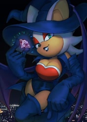 Size: 1434x2030 | Tagged: safe, artist:ketdarkdragon, rouge the bat, bat, 2026, arm sleeves, boots, chaos emerald, cityscape, cleavage, clothes, female, gloves, halloween, halloween outfit, hat, holding something, lidded eyes, lineless, lipstick, looking at viewer, nighttime, outdoors, smile, solo, thigh high boots, witch hat, witch outfit