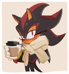 Size: 1912x2048 | Tagged: safe, artist:guitar_00000001, shadow the hedgehog, hedgehog, 2026, beige background, blushing, border, clothes, coffee, cup, frown, glasses, holding something, lidded eyes, looking at viewer, male, musk cloud, scarf, simple background, solo, standing