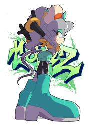 Size: 800x1131 | Tagged: safe, artist:secretter_zgwl, oc, alternate version, arms behind head, boots, commission, female, graffiti, grey fur, lidded eyes, oc only, rat, shorts, simple background, smile, solo, standing, stretching, white background, yellow eyes