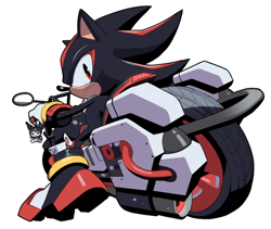 Size: 800x676 | Tagged: safe, artist:secretter_zgwl, shadow the hedgehog, hedgehog, charm, commission, gradient background, kuromi, looking at viewer, male, motorcycle, onegai my melody, sanrio, simple background, sitting, solo, vehicle, white background