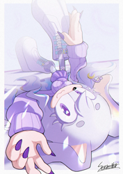 Size: 800x1131 | Tagged: safe, artist:secretter_zgwl, oc, oc:bunnibelle, rabbit, boots, breasts, commission, earring, female, heart, looking at viewer, lying back, lying down, oc only, purple eyes, purple fur, signature, skirt, smile, solo, sweater